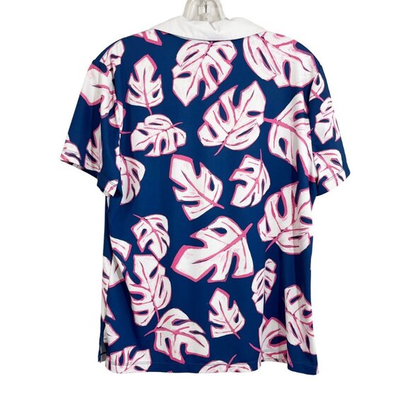 Lillie Green Blue Palm Leaf Print Short Sleeve Golf Polo Preppy - Size Large - Picture 2 of 5